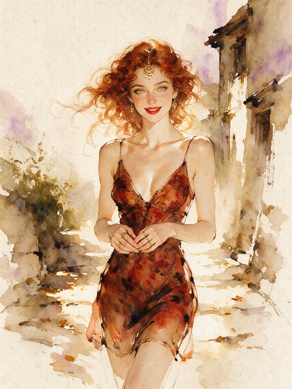 Smiling curly red-haired woman in a sheer slip dress walks down a sunlit village street in watercolor style