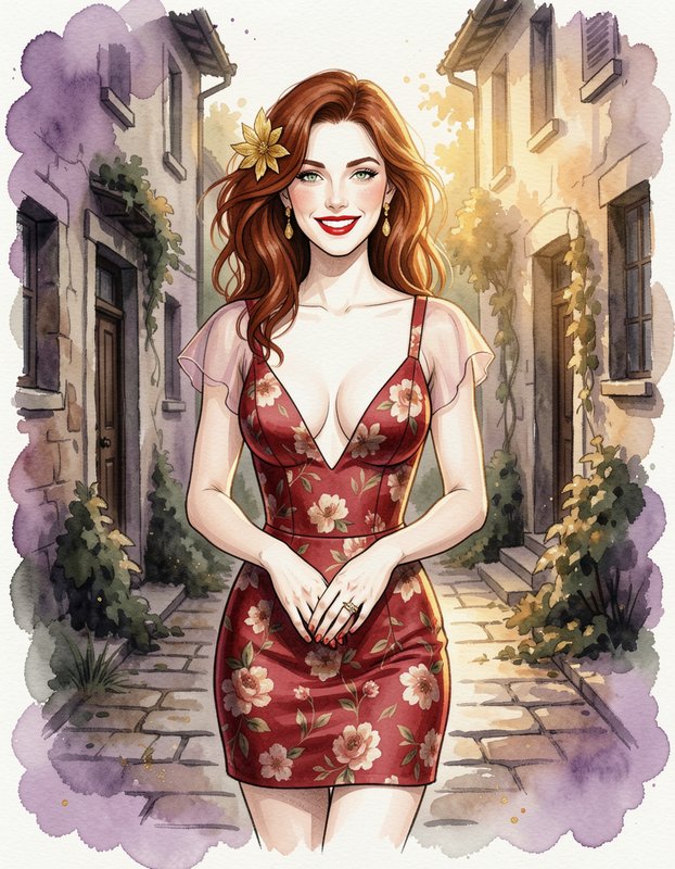 Smiling red-haired woman in a red floral dress stands in a sunlit cobblestone village alley