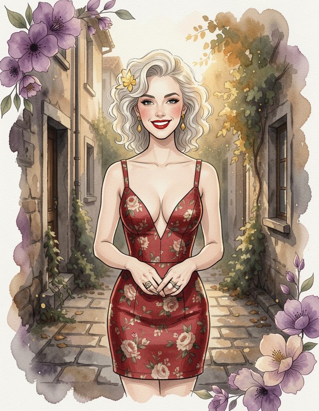 Stylized watercolor illustration of a smiling platinum blonde woman in a red floral dress in a quaint cobblestone village