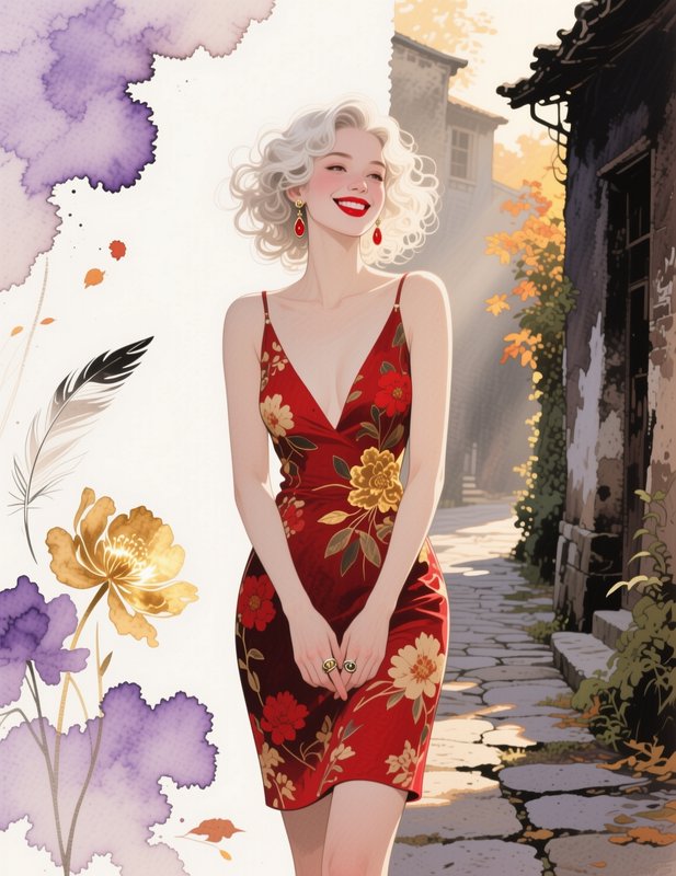 Smiling curly platinum blonde woman in a red floral dress against a split watercolor and sunlit village street backdrop