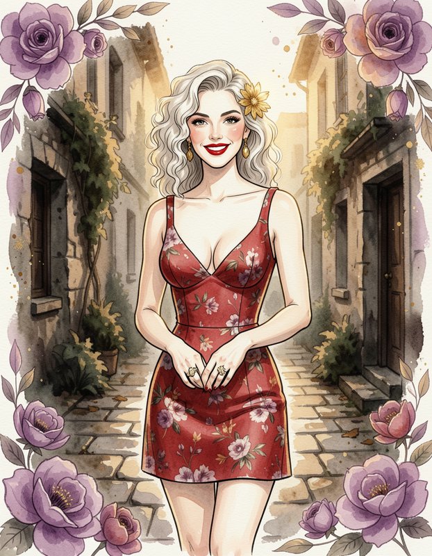 Smiling platinum blonde woman in a red floral dress stands in a cobblestone old town alley framed by purple roses