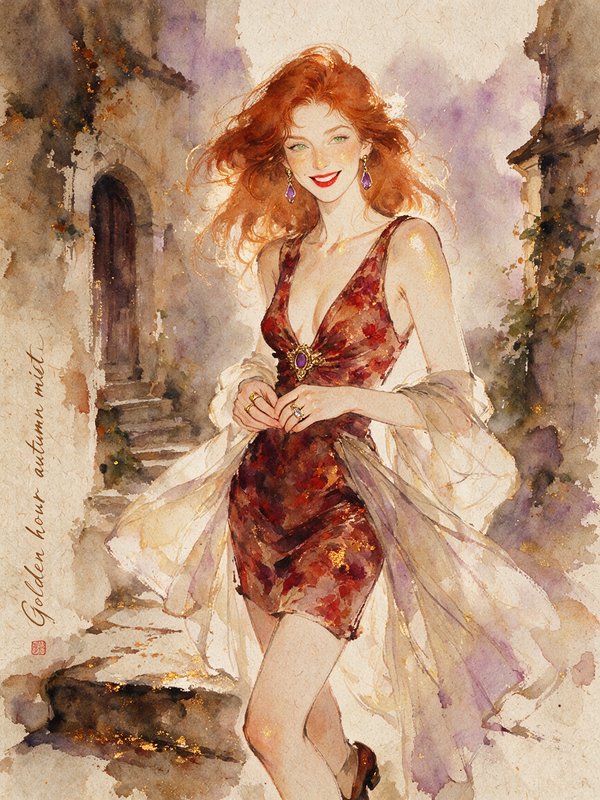 Smiling red-haired woman in a short floral dress stands in a sunlit old cobblestone village alley