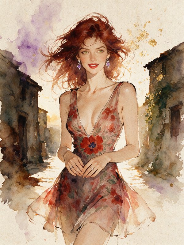 Watercolor portrait of a windswept red-haired woman in a floral dress on a sunlit old village street
