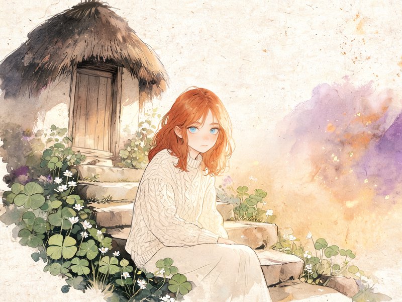 Red haired girl in a cream sweater sits on stone steps outside a thatched cottage surrounded by clover