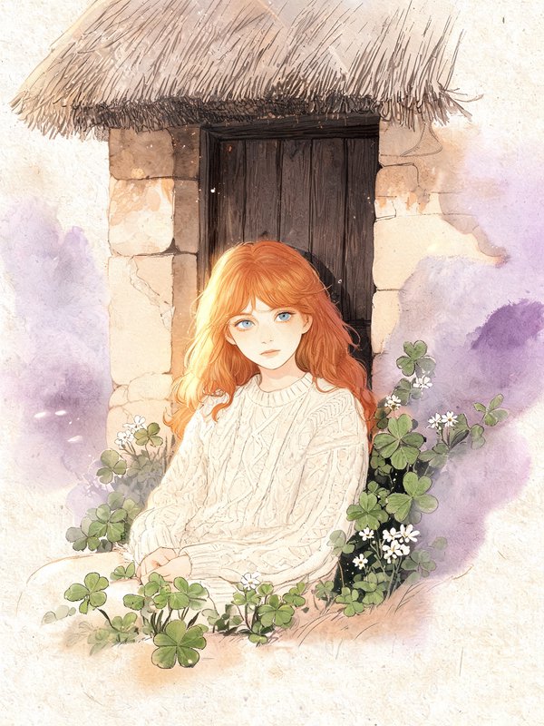 Red haired girl in a cream cable sweater sits outside a rustic thatched cottage surrounded by clover