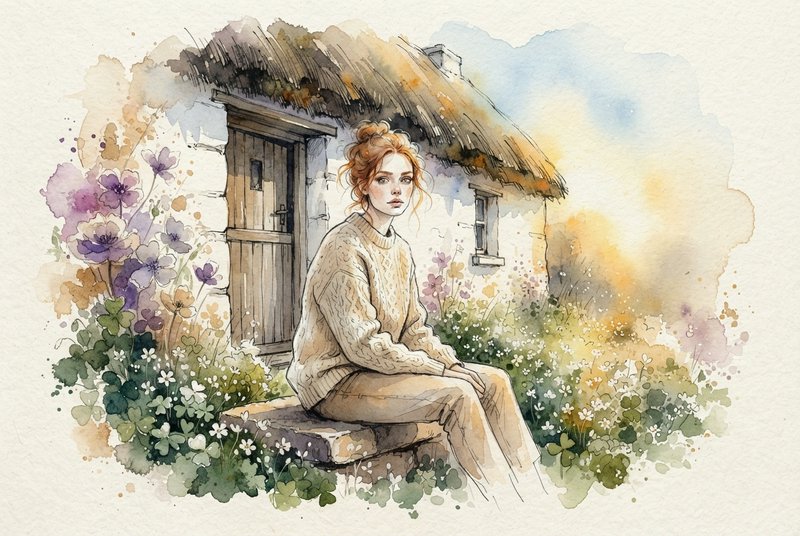 Young red-haired woman sits on stone steps outside a thatched cottage surrounded by wild garden flowers