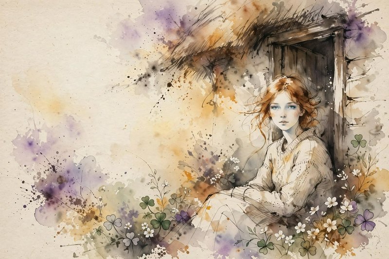 Young red haired girl sits in a rustic cottage doorway surrounded by wild clover blooms in soft watercolor
