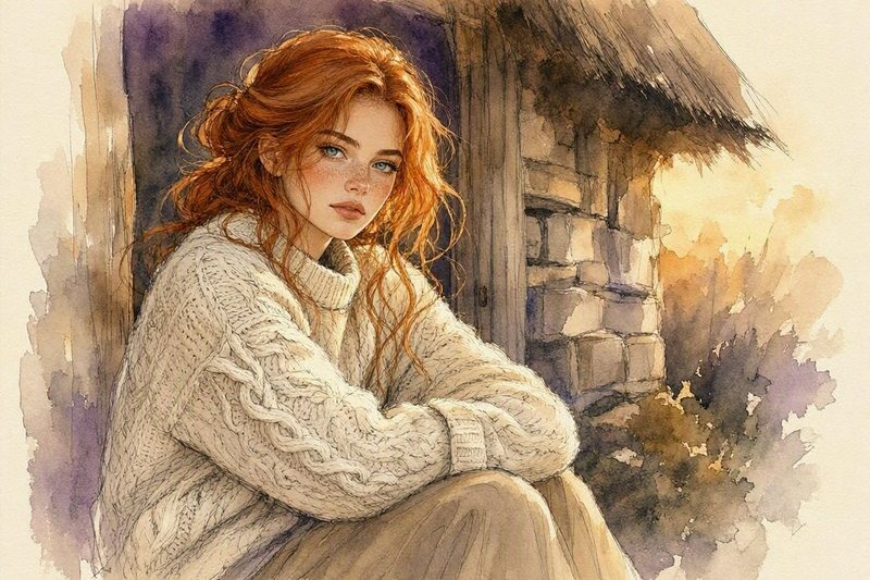 Red haired freckled woman in an oversized knit sweater sits outside a rustic cottage at sunset