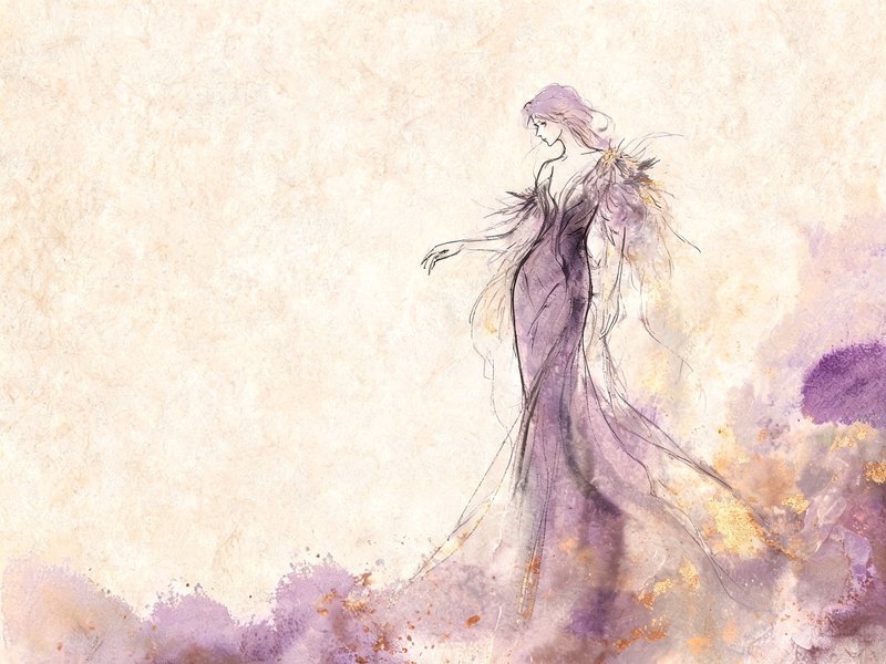 Ethereal slender woman in a flowing feathered lavender gown, rendered in soft watercolor sketch style