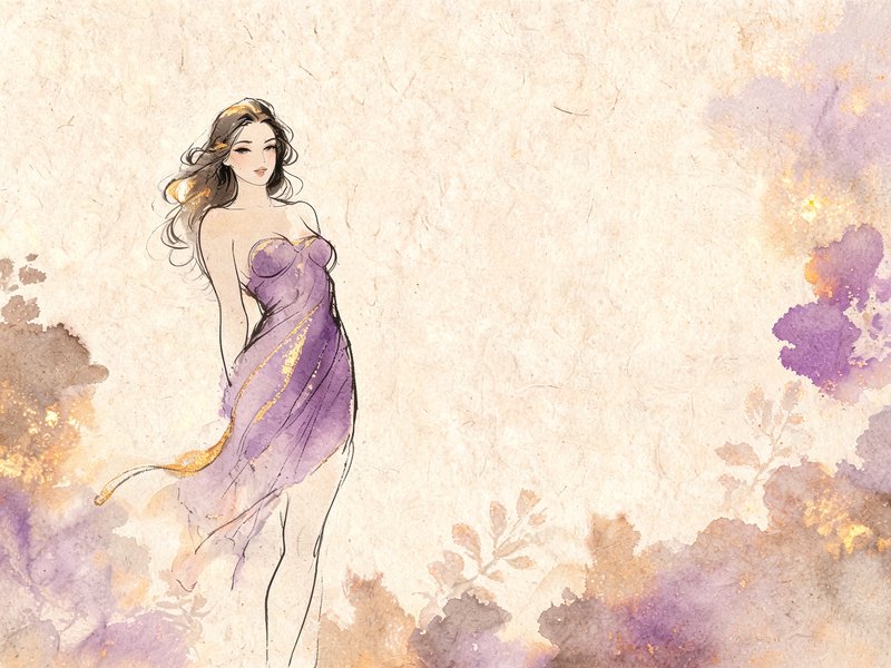 Graceful illustrated woman in a flowing purple gown stands against a soft watercolor floral background