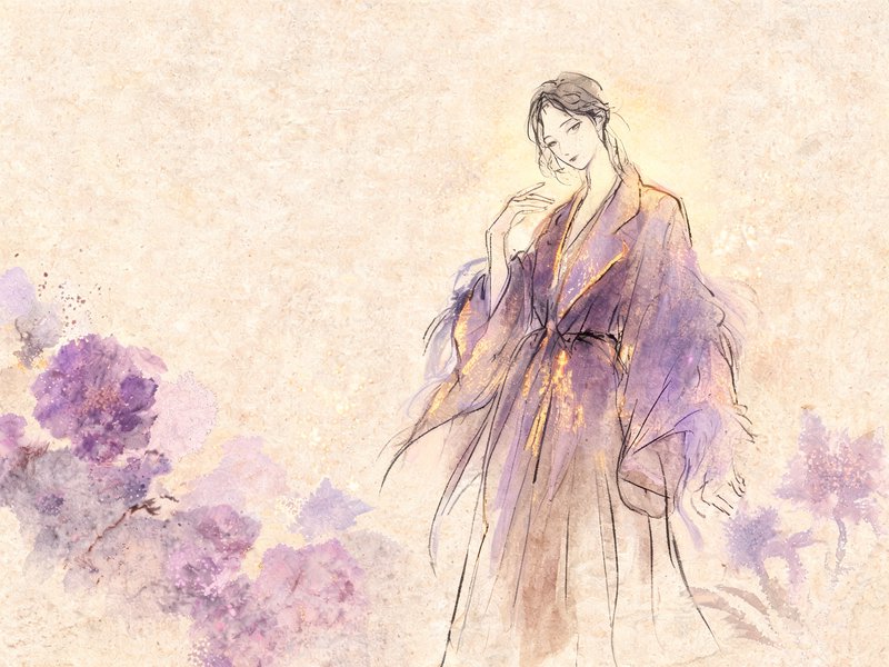 Ethereal graceful figure in flowing purple traditional robes standing beside soft watercolor peonies