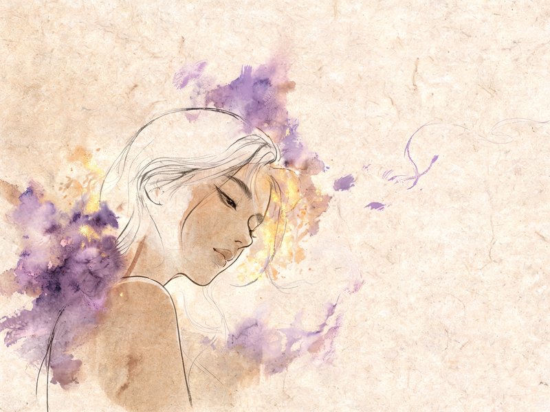 Delicate line art portrait of a serene pensive woman framed by soft purple watercolor splashes on textured cream paper