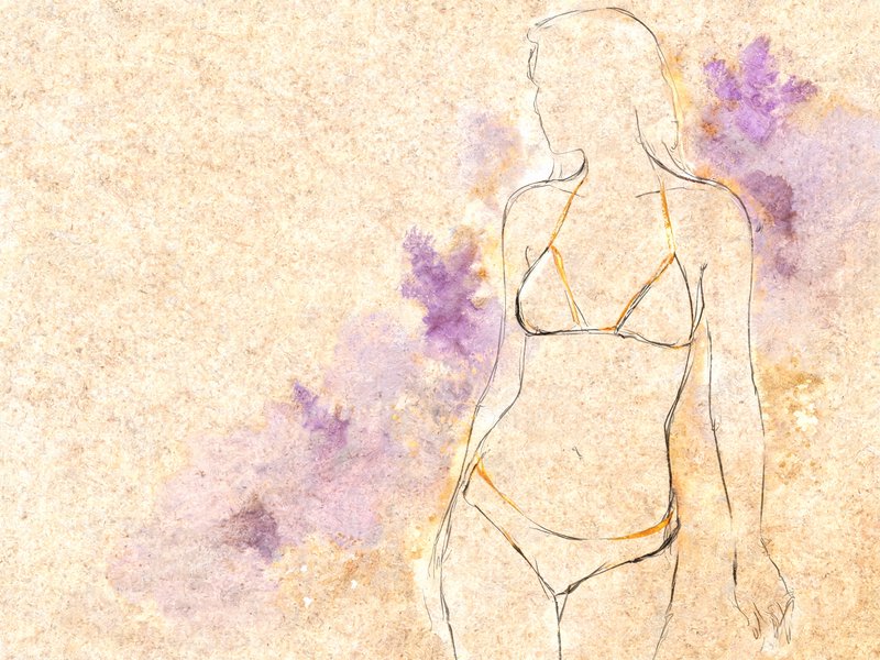 Loose line art sketch of a standing woman in a bikini with soft purple watercolor accents on textured tan paper