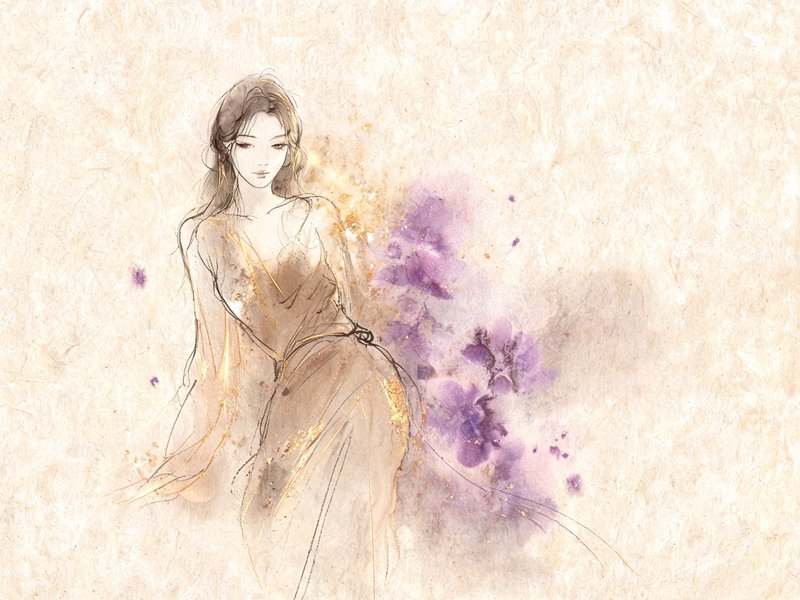 Delicate ink wash illustration of a graceful ethereal woman next to soft purple watercolor flowers on textured cream paper