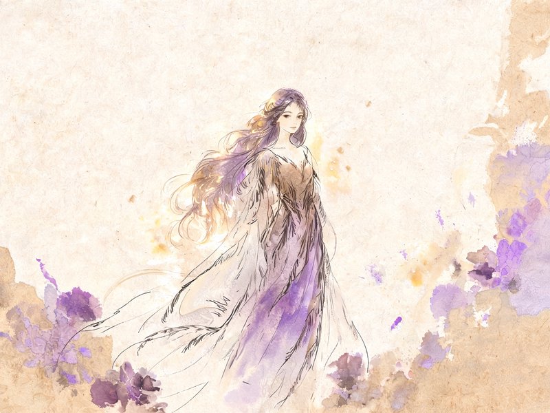 Ethereal fantasy woman with long flowing purple hair wears a soft gradient gown surrounded by purple florals
