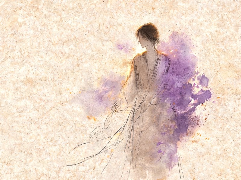 Delicate ink and watercolor sketch of a robed profile figure surrounded by soft purple washes on textured cream paper