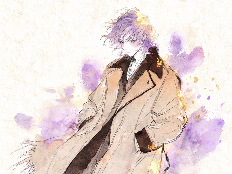 Brooding anime young man with wavy purple hair standing with hands in his oversized trench coat pockets