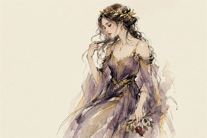 Ethereal watercolor portrait of a mythic goddess in a purple gown holding pomegranates, wearing a golden laurel crown