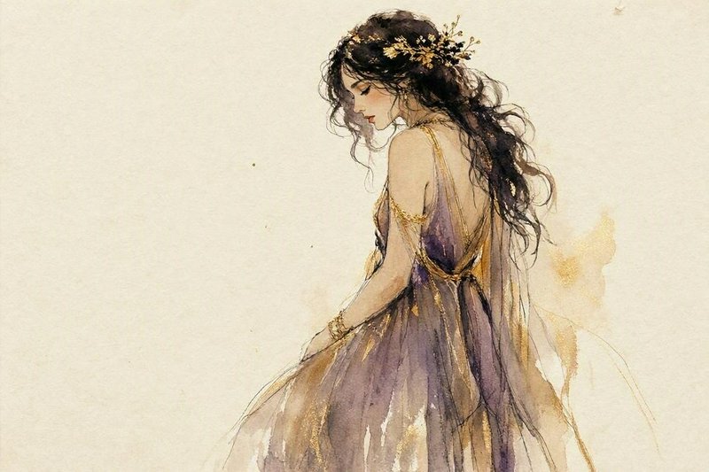 Soft watercolor portrait of an ethereal fantasy goddess in a sheer purple and gold gown, head bowed.