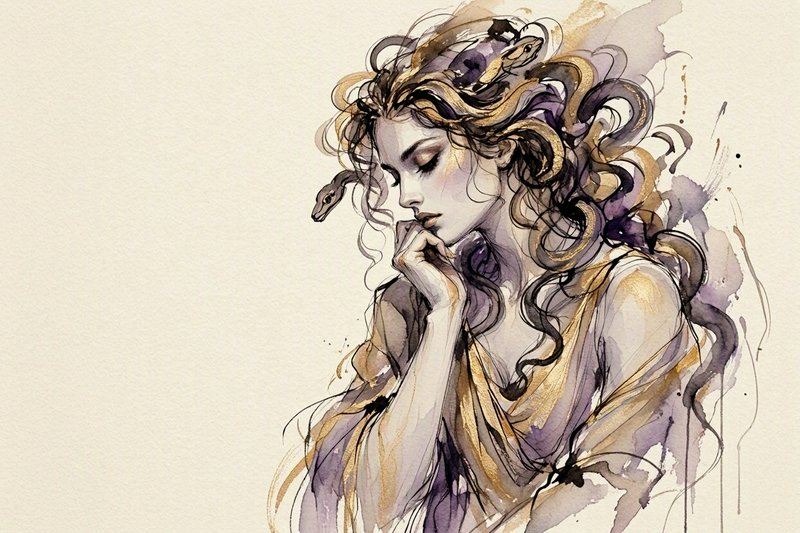 Pensive Medusa portrait with coiled snake hair, drawn in soft watercolor on a cream background
