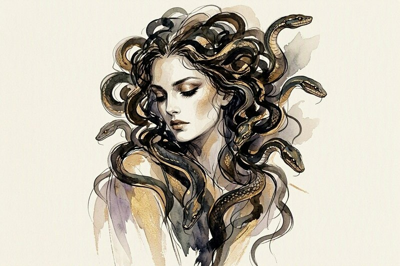 Watercolor portrait of Medusa with coiling snake hair, eyes closed against a pale off-white background