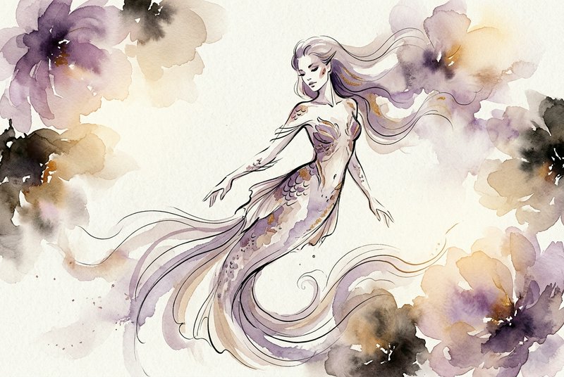 Graceful ethereal watercolor mermaid floats framed by soft loose purple and neutral floral blooms