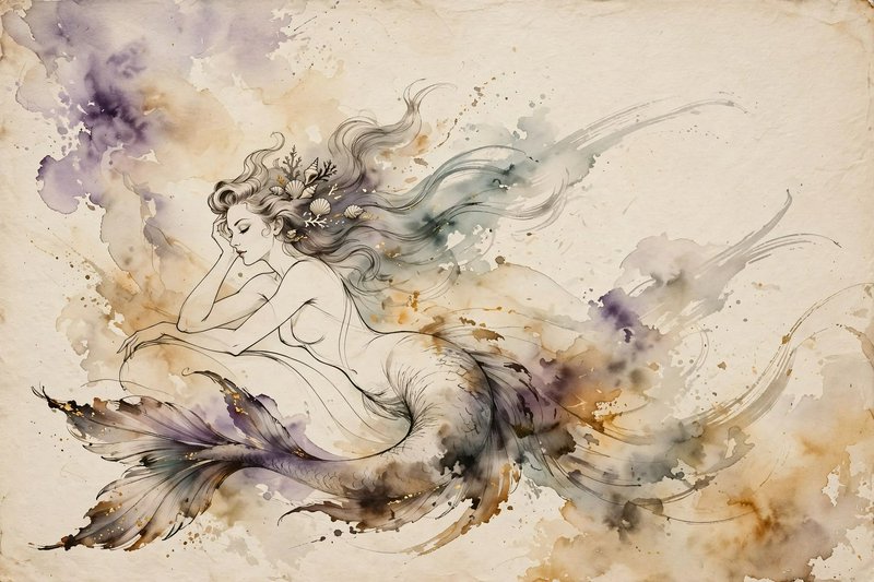 Ethereal sleeping mermaid with seashell hair accents rendered in loose watercolor on vintage textured paper