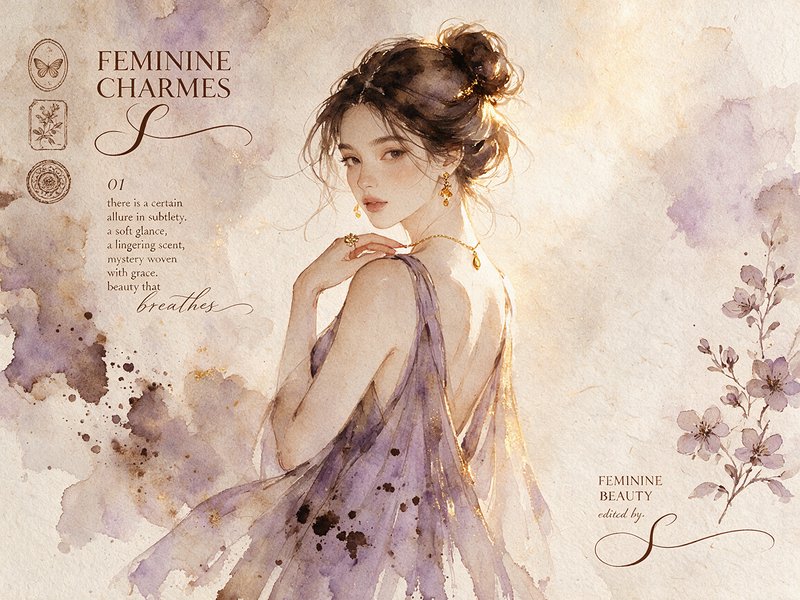 Ethereal watercolor portrait of a graceful woman in a sheer lavender gown beside vintage feminine...