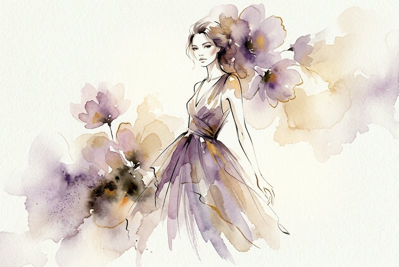 Ethereal watercolor fashion illustration of a woman in a flowing purple gown surrounded by soft f...