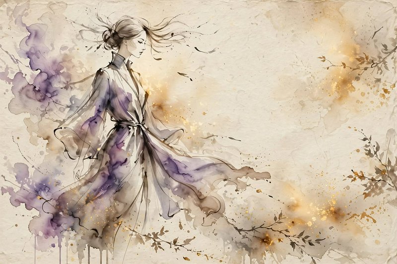 Ethereal watercolor illustration of a windswept woman in a flowing sheer purple gown