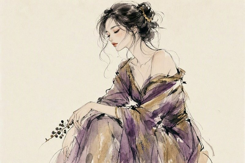 Ethereal ink and watercolor portrait of a seated woman in a flowing purple gown holding a berry s...