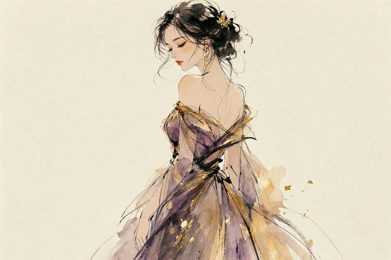 Elegant woman in a sheer purple and gold off-shoulder gown, rendered in soft watercolor style