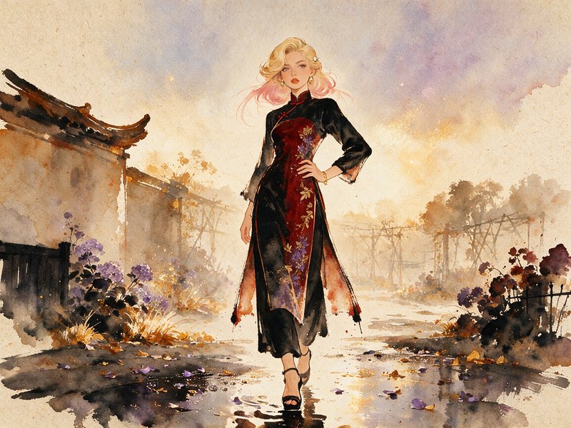 Blonde woman in an embroidered black and red qipao walks along a misty sunlit village lane.
