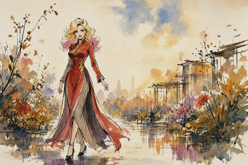 Elegant blonde woman in a flowing red traditional gown walks through an autumnal waterside garden