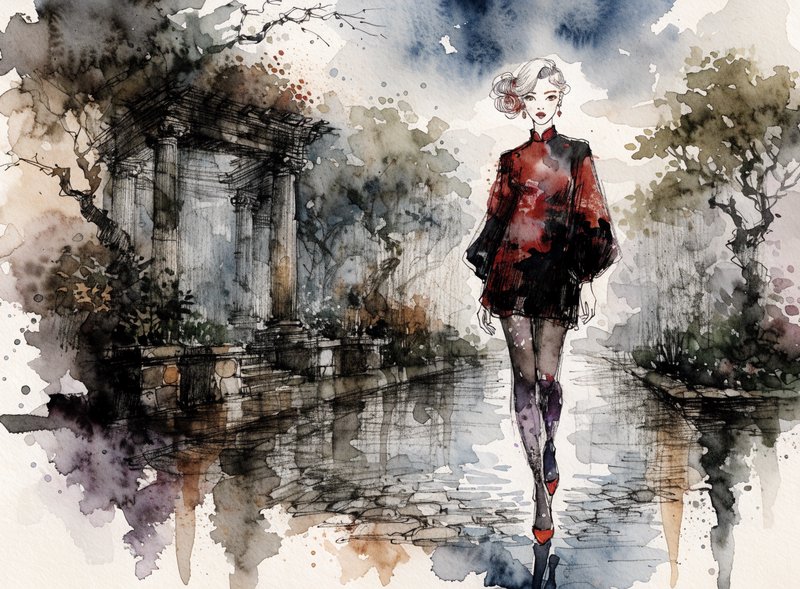 Elegant woman in a red and black dress walks along a wet stone path beside classical garden ruins