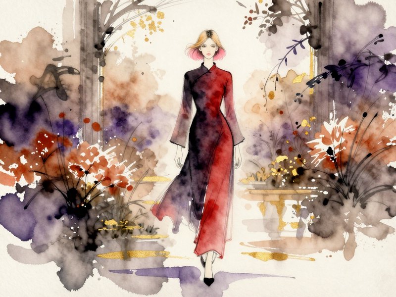 Watercolor fashion illustration of a woman in a gradient red-black qipao walking through a floral...