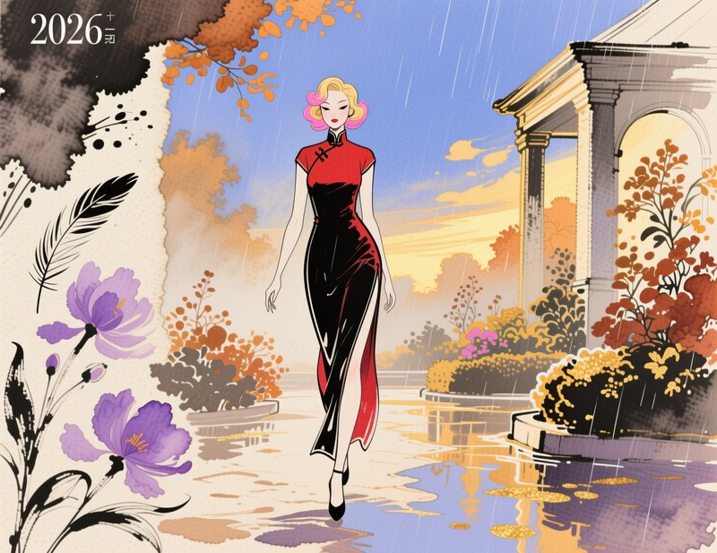 Stylish woman in a red and black qipao walks through a rainy autumnal garden at sunset