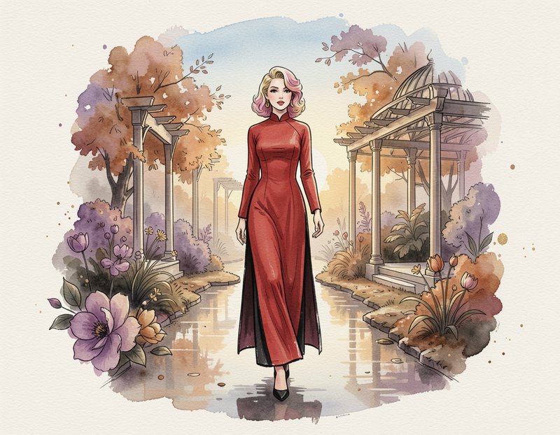 Elegant blonde woman in a long red gown strolling through a misty autumn garden lined with stone pergolas