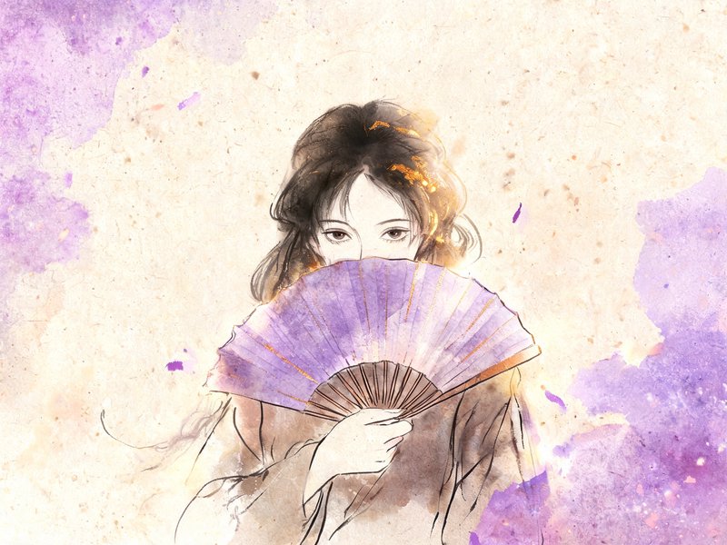 Ethereal ink watercolor portrait of a woman holding a purple hand fan that partially covers her face