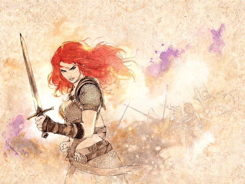 Fierce red-haired female warrior holding a longsword stands on a sketched battlefield on aged parchment