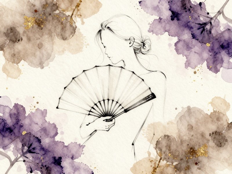 Minimal ink line art of a woman holding a folding hand fan framed by soft watercolor floral blooms