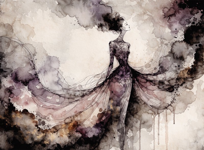 Elegant silhouetted woman in a flowing sheer gown against atmospheric watercolor ink wash background