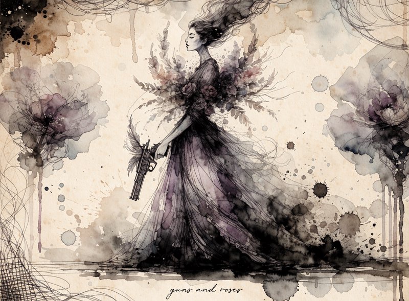 Ethereal illustrated woman in a flowing gothic gown holds a pistol, framed by soft watercolor flo...
