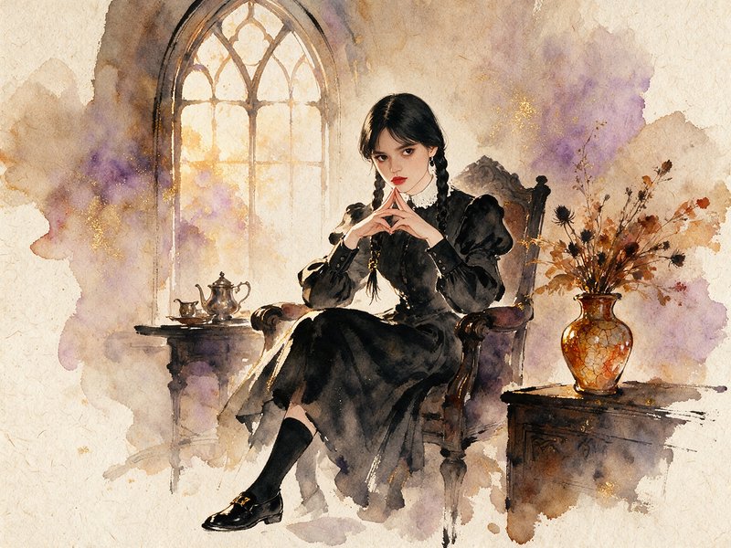 Pensive braided girl in a black gothic dress sits in a carved armchair by an arched stained glass window