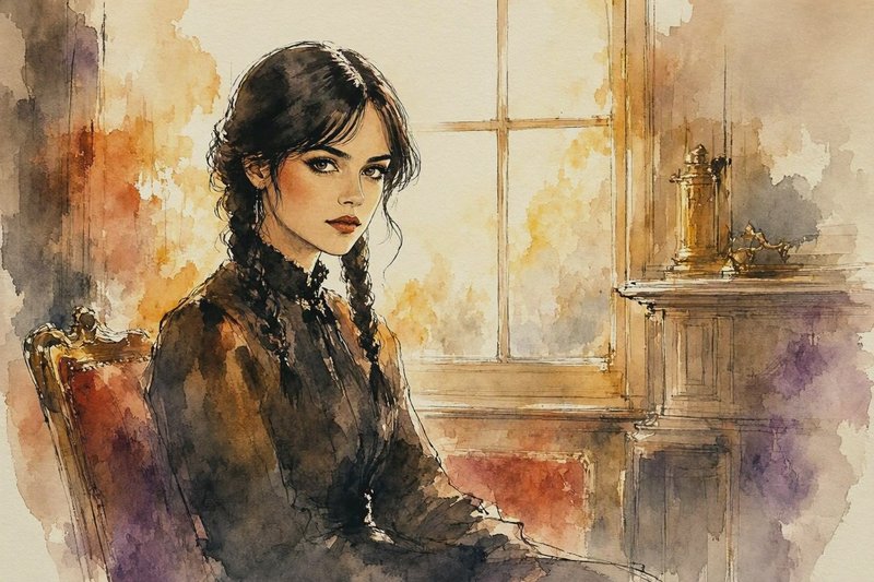 Watercolor portrait of a pensive young gothic woman with braided hair seated in a sunlit vintage ...