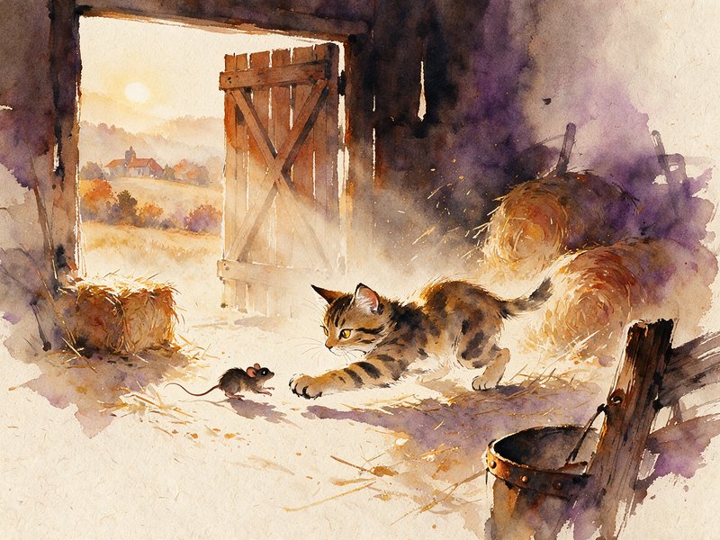 Striped tabby kitten reaching toward a small mouse inside a sunlit rustic barn at dawn