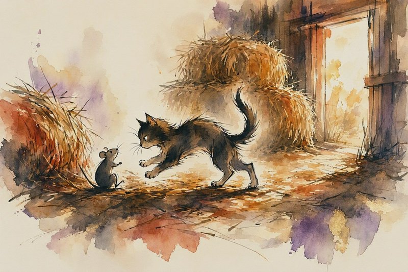 Watercolor illustration of a barn cat preparing to pounce on a small standing mouse inside a hay-...