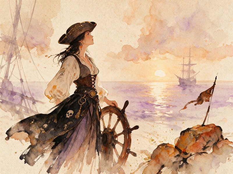Female pirate captain rests her hand on a ship's wheel while gazing out over a sunset ocean