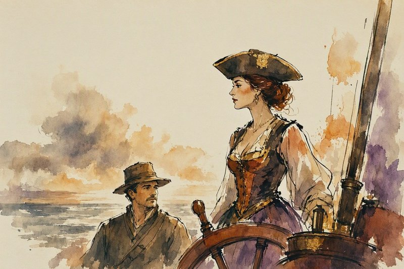 Female pirate captain stands at a ship's wheel with a male sailor overlooking a sunset ocean