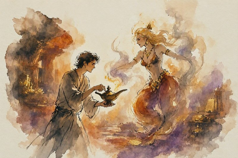 Young man holds a brass magic lamp as a female genie emerges from swirling smoke in a treasure cave